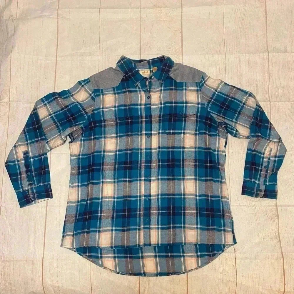 Northcrest Teal Plaid Flannel Button-up Shirt Hi-Low Hem Front‎ Pocket 1X